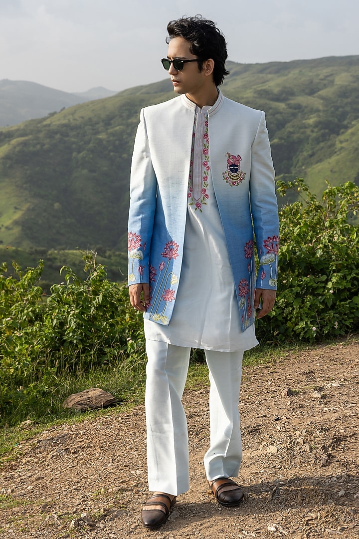 Sky Blue Raw Silk Hand Embroidered Ombre Wedding Indowestern Set by STEEL at Pernia's Pop Up Shop