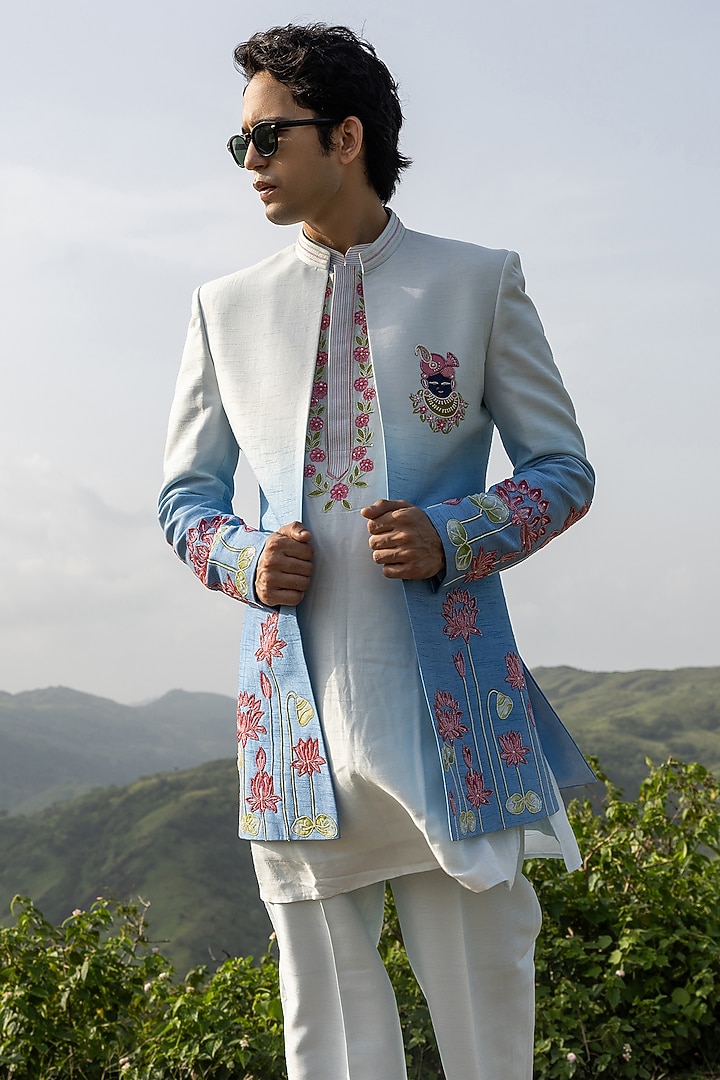 Sky Blue Raw Silk Hand Embroidered Ombre Wedding Indowestern Set by STEEL at Pernia's Pop Up Shop