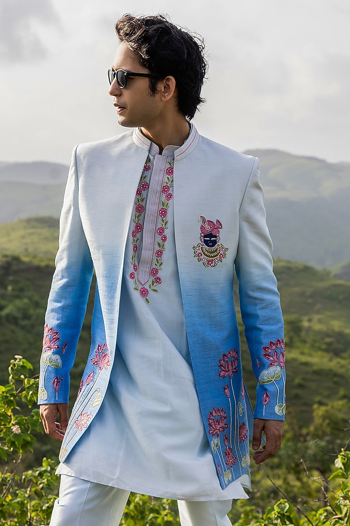 Sky Blue Raw Silk Hand Embroidered Ombre Wedding Indowestern Set by STEEL at Pernia's Pop Up Shop