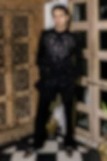 Black Imported Suiting Hand Embroidered Wedding Indowestern Set by STEEL at Pernia's Pop Up Shop