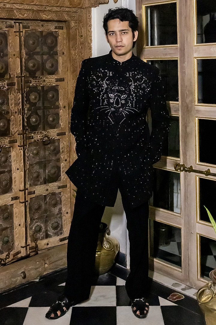 Black Imported Suiting Hand Embroidered Wedding Indowestern Set by STEEL at Pernia's Pop Up Shop