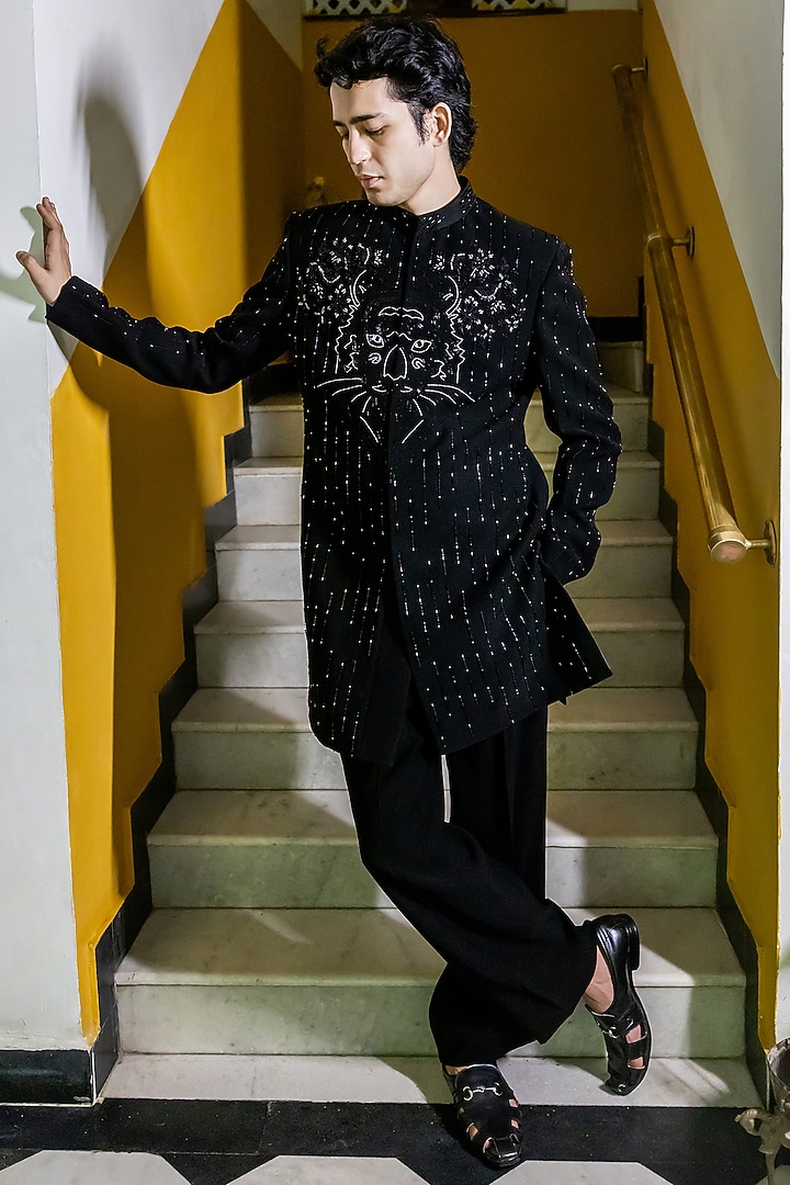 Black Imported Suiting Hand Embroidered Wedding Indowestern Set by STEEL at Pernia's Pop Up Shop