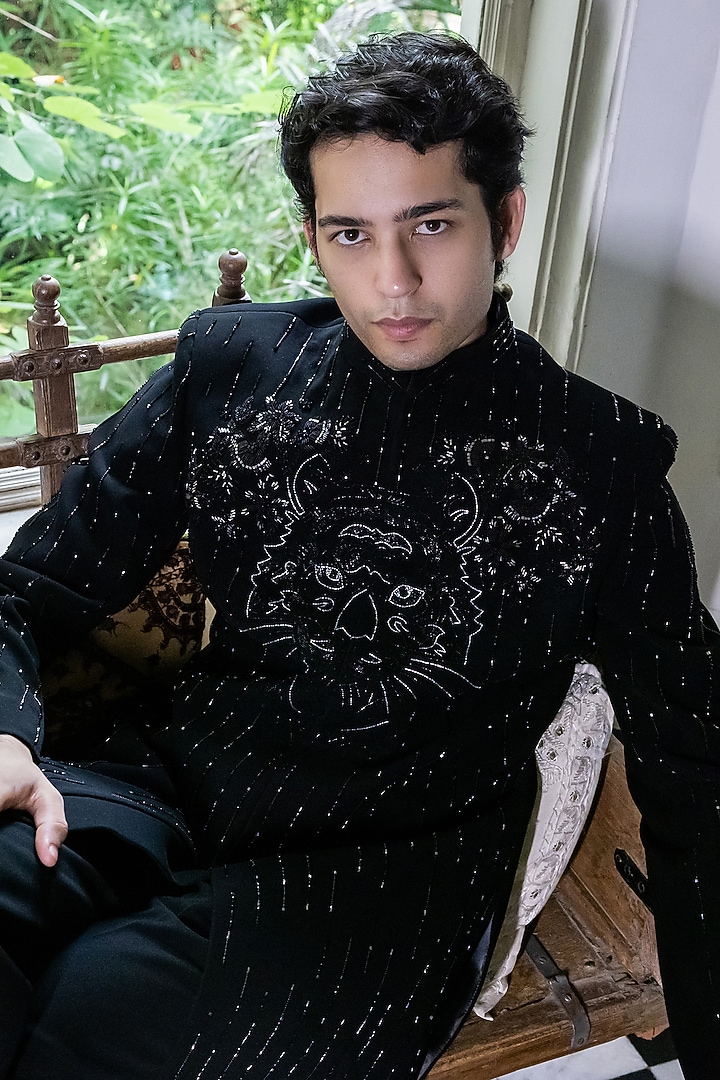 Black Imported Suiting Hand Embroidered Wedding Indowestern Set by STEEL at Pernia's Pop Up Shop