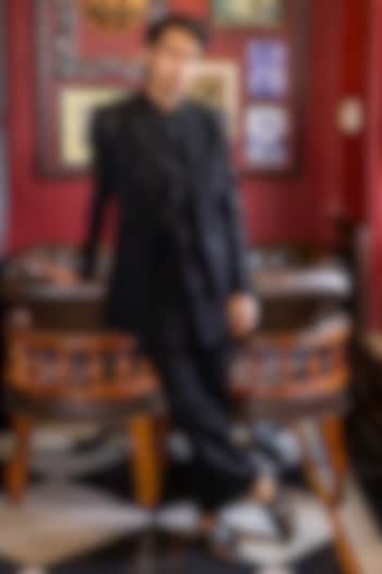 Black Imported Suiting Hand Embroidered Wedding Indowestern Set by STEEL at Pernia's Pop Up Shop