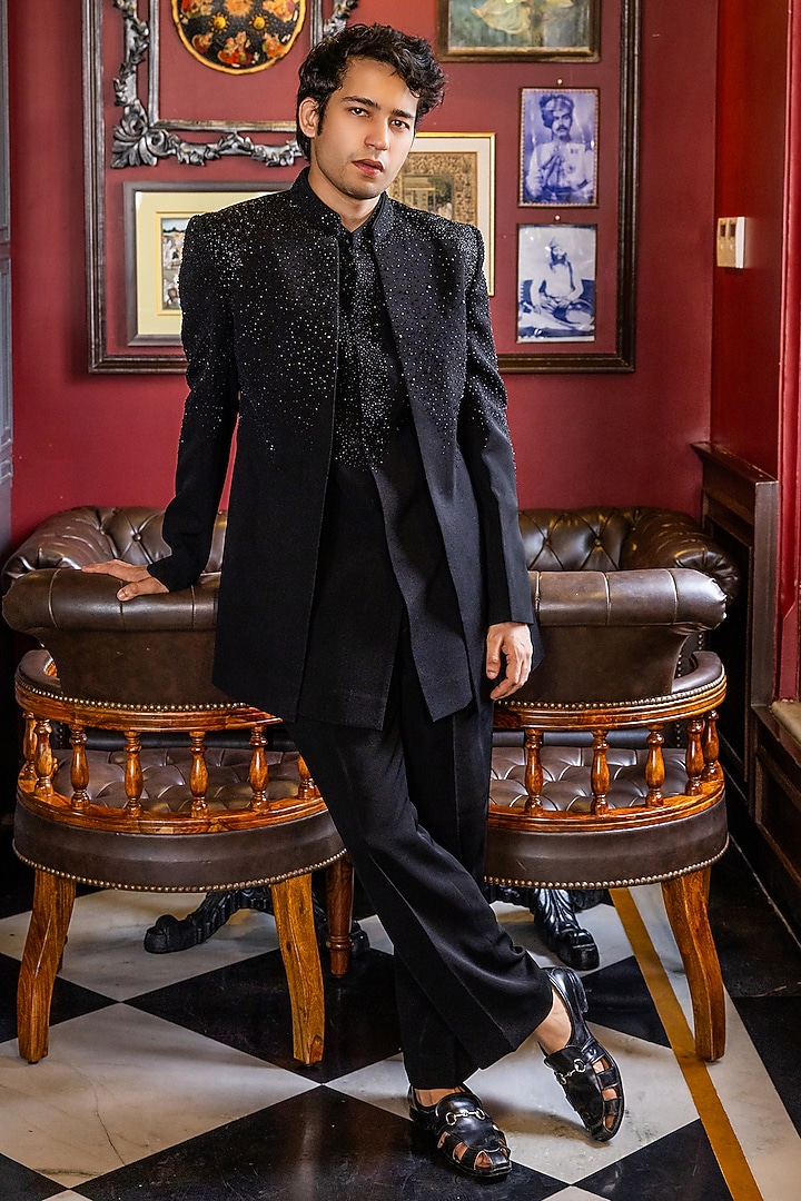 Black Imported Suiting Hand Embroidered Wedding Indowestern Set by STEEL at Pernia's Pop Up Shop