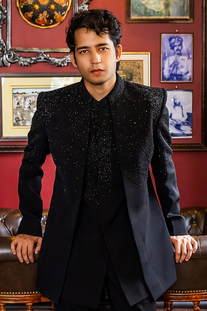 Black Imported Suiting Hand Embroidered Wedding Indowestern Set by STEEL at Pernia's Pop Up Shop