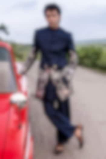 Navy Blue Raw Silk Hand & Machine Embroidered Wedding Indowestern Set by STEEL at Pernia's Pop Up Shop