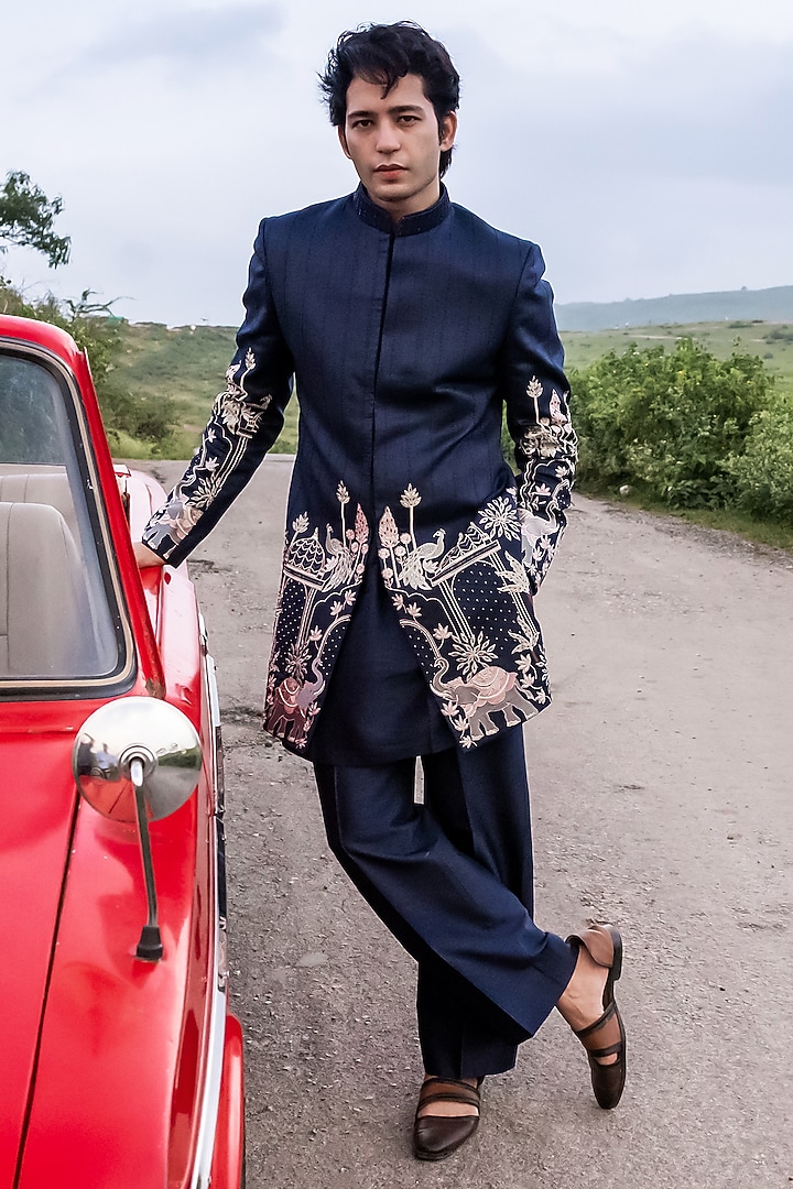 Navy Blue Raw Silk Hand & Machine Embroidered Wedding Indowestern Set by STEEL at Pernia's Pop Up Shop