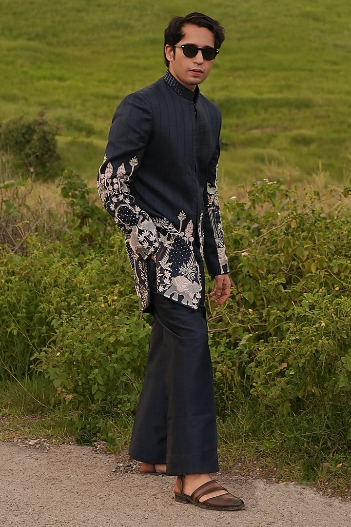 Navy Blue Raw Silk Hand & Machine Embroidered Wedding Indowestern Set by STEEL at Pernia's Pop Up Shop