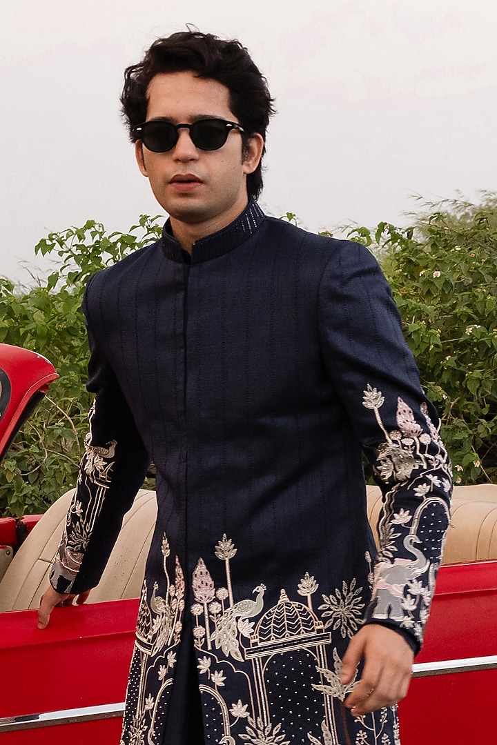 Navy Blue Raw Silk Hand & Machine Embroidered Wedding Indowestern Set by STEEL at Pernia's Pop Up Shop