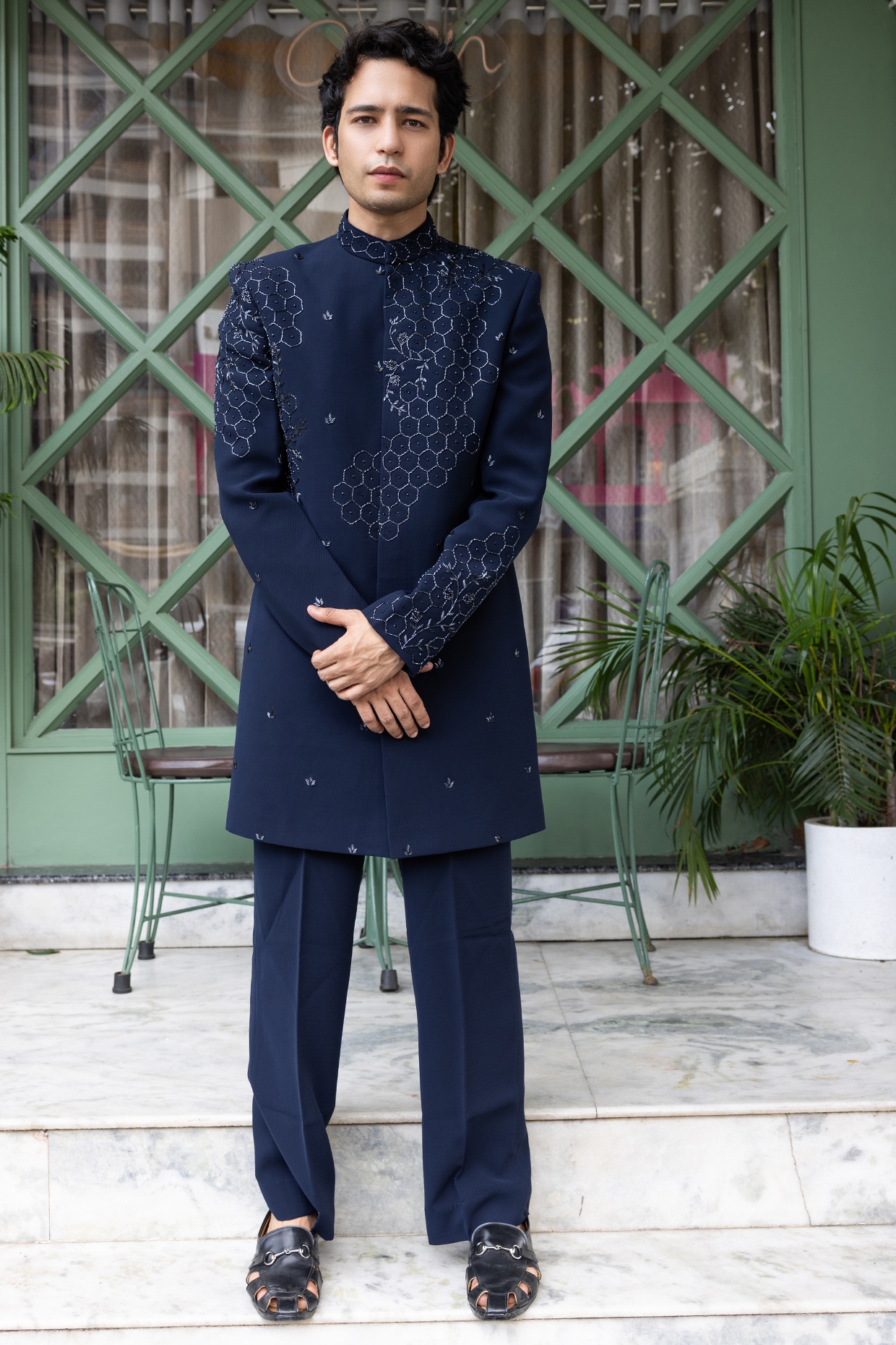 STEEL Navy Blue Imported Suiting Hand Embroidered Indowestern Set