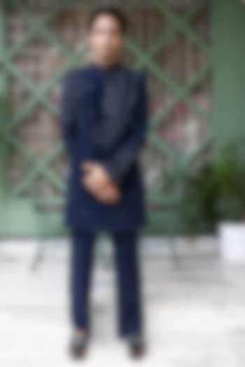 Navy Blue Imported Suiting Hand Embroidered Wedding Indowestern Set by STEEL at Pernia's Pop Up Shop