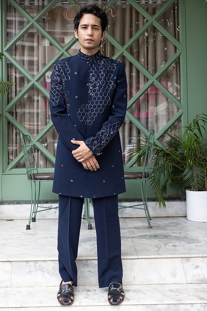 Navy Blue Imported Suiting Hand Embroidered Wedding Indowestern Set by STEEL at Pernia's Pop Up Shop