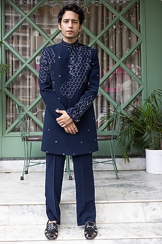 Navy Blue Imported Suiting Hand Embroidered Indowestern Set by STEEL