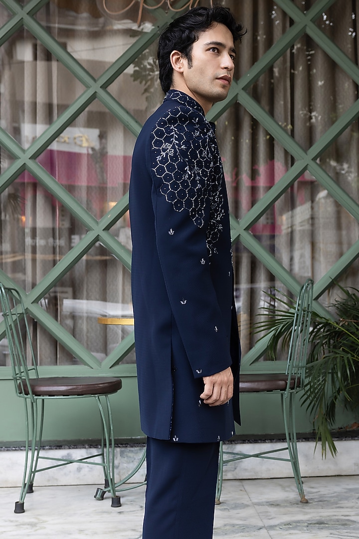 Navy Blue Imported Suiting Hand Embroidered Wedding Indowestern Set by STEEL at Pernia's Pop Up Shop