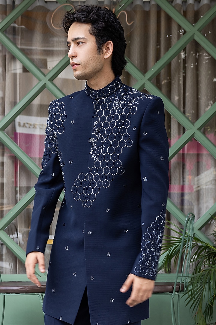 Navy Blue Imported Suiting Hand Embroidered Wedding Indowestern Set by STEEL at Pernia's Pop Up Shop
