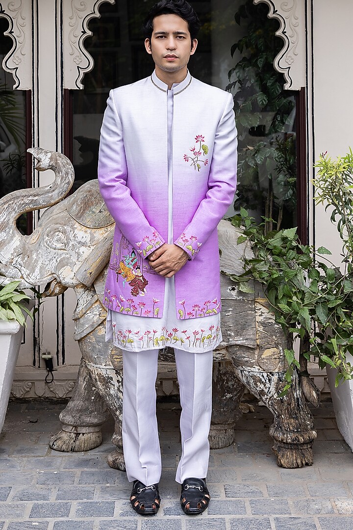 Lilac Raw Silk Hand Embroidered Ombre Wedding Indowestern Set by STEEL at Pernia's Pop Up Shop