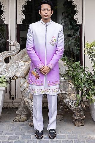 Lilac Raw Silk Hand Embroidered Ombre Indowestern Set by STEEL