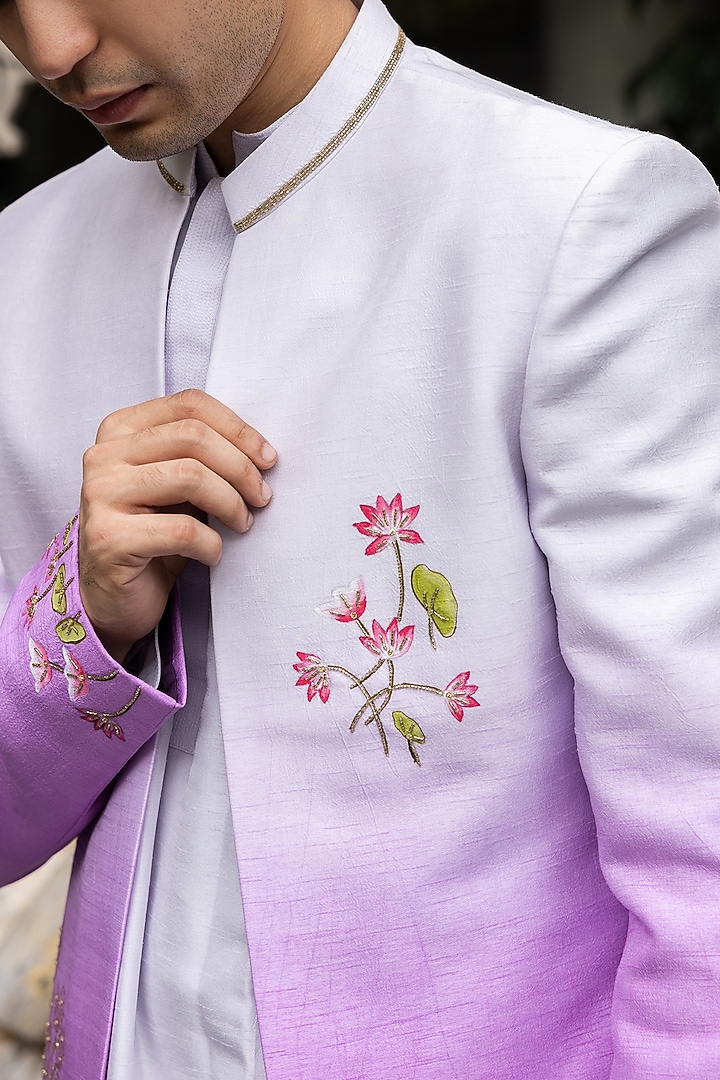 Lilac Raw Silk Hand Embroidered Ombre Wedding Indowestern Set by STEEL at Pernia's Pop Up Shop