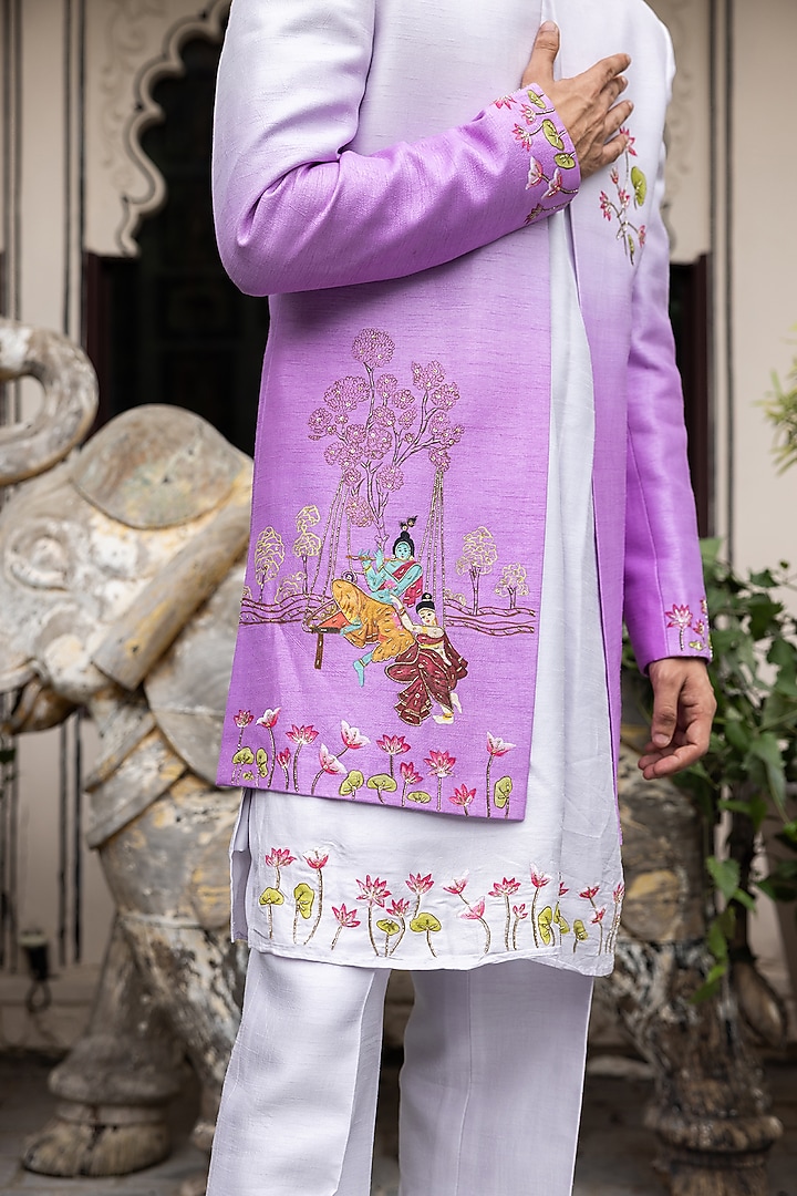 Lilac Raw Silk Hand Embroidered Ombre Wedding Indowestern Set by STEEL at Pernia's Pop Up Shop