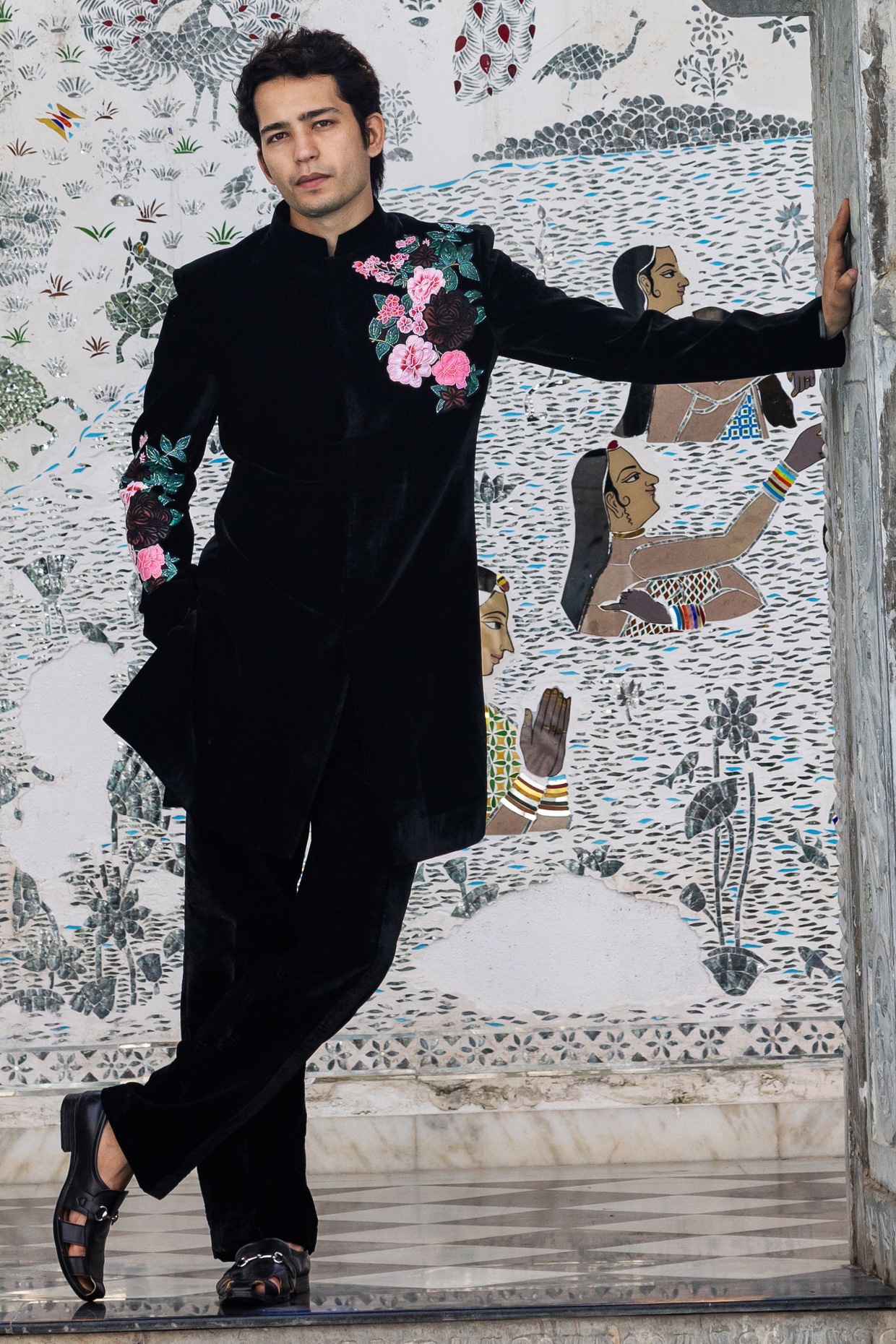 STEEL Black Velvet Hand Painted & Hand Embroidered Indowestern Set