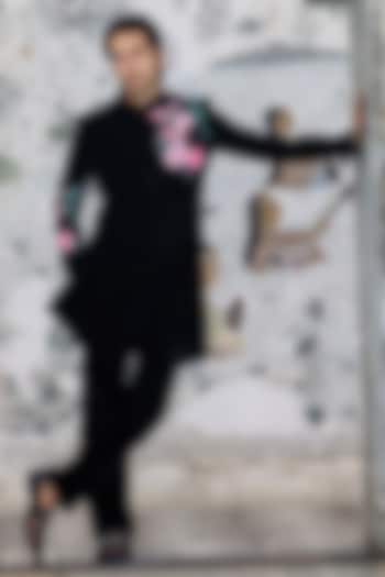 Black Velvet Hand Painted & Hand Embroidered Wedding Indowestern Set by STEEL at Pernia's Pop Up Shop