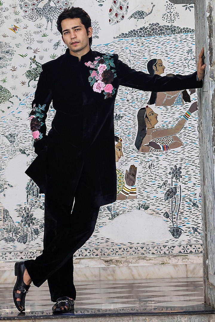 Black Velvet Hand Painted & Hand Embroidered Wedding Indowestern Set by STEEL at Pernia's Pop Up Shop