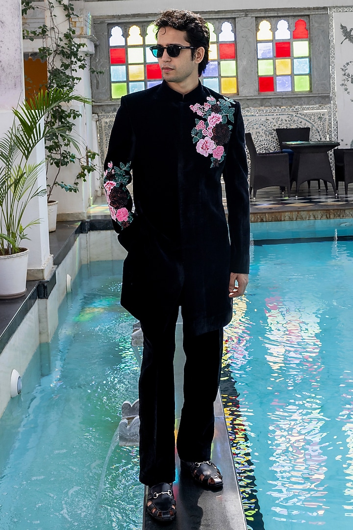 Black Velvet Hand Painted & Hand Embroidered Wedding Indowestern Set by STEEL at Pernia's Pop Up Shop