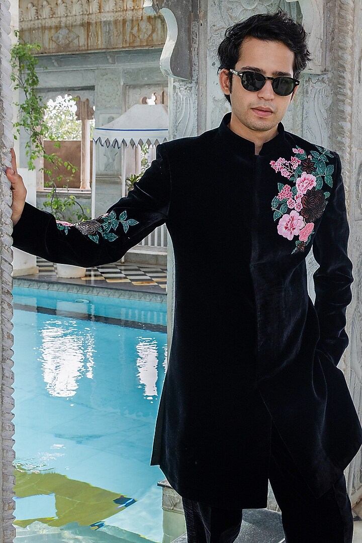 Black Velvet Hand Painted & Hand Embroidered Wedding Indowestern Set by STEEL at Pernia's Pop Up Shop