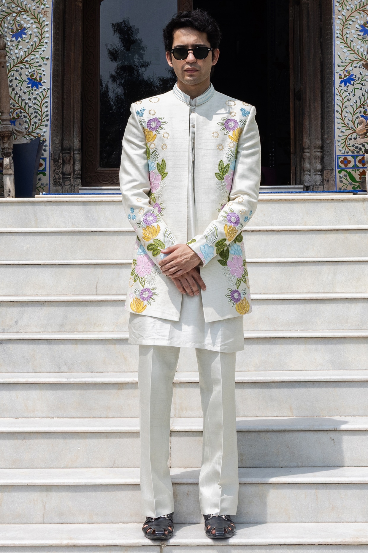 STEEL Mint Raw Silk Hand Embroidered Indowestern Set