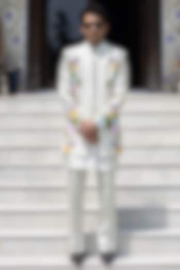 Mint Raw Silk Hand Embroidered Wedding Indowestern Set by STEEL at Pernia's Pop Up Shop