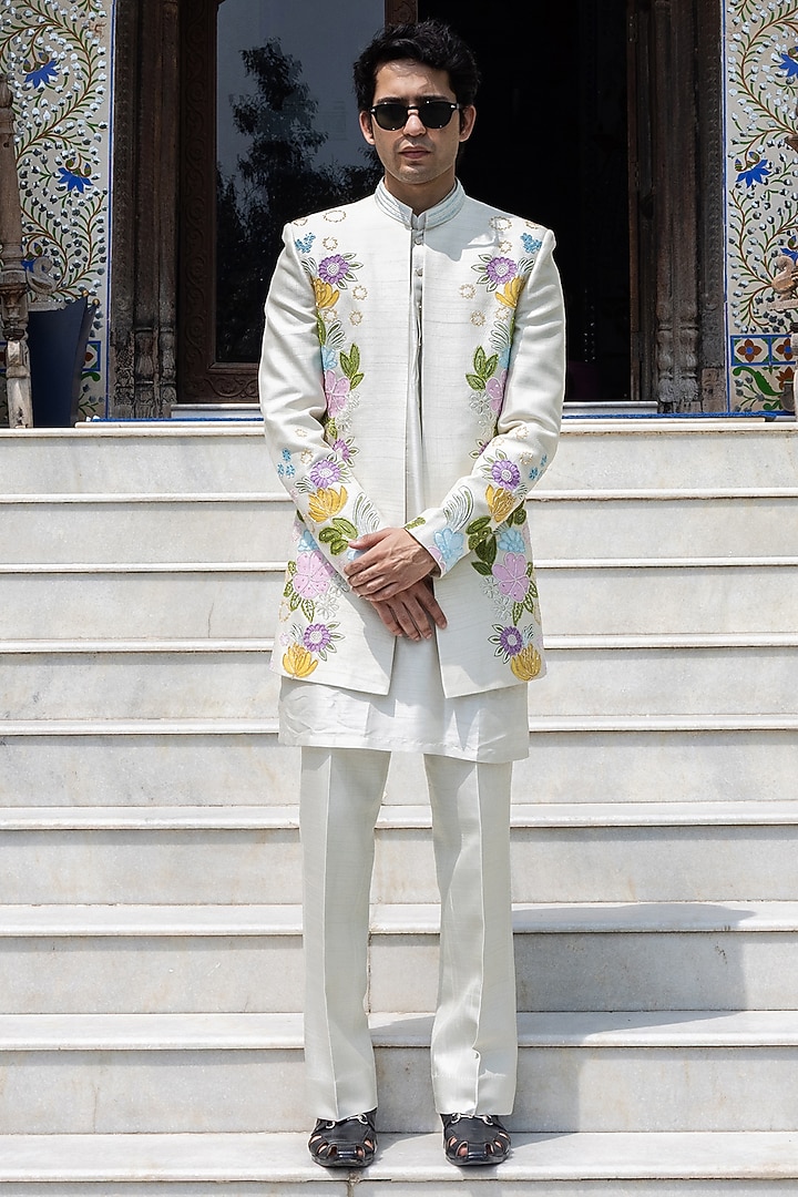 Mint Raw Silk Hand Embroidered Wedding Indowestern Set by STEEL at Pernia's Pop Up Shop