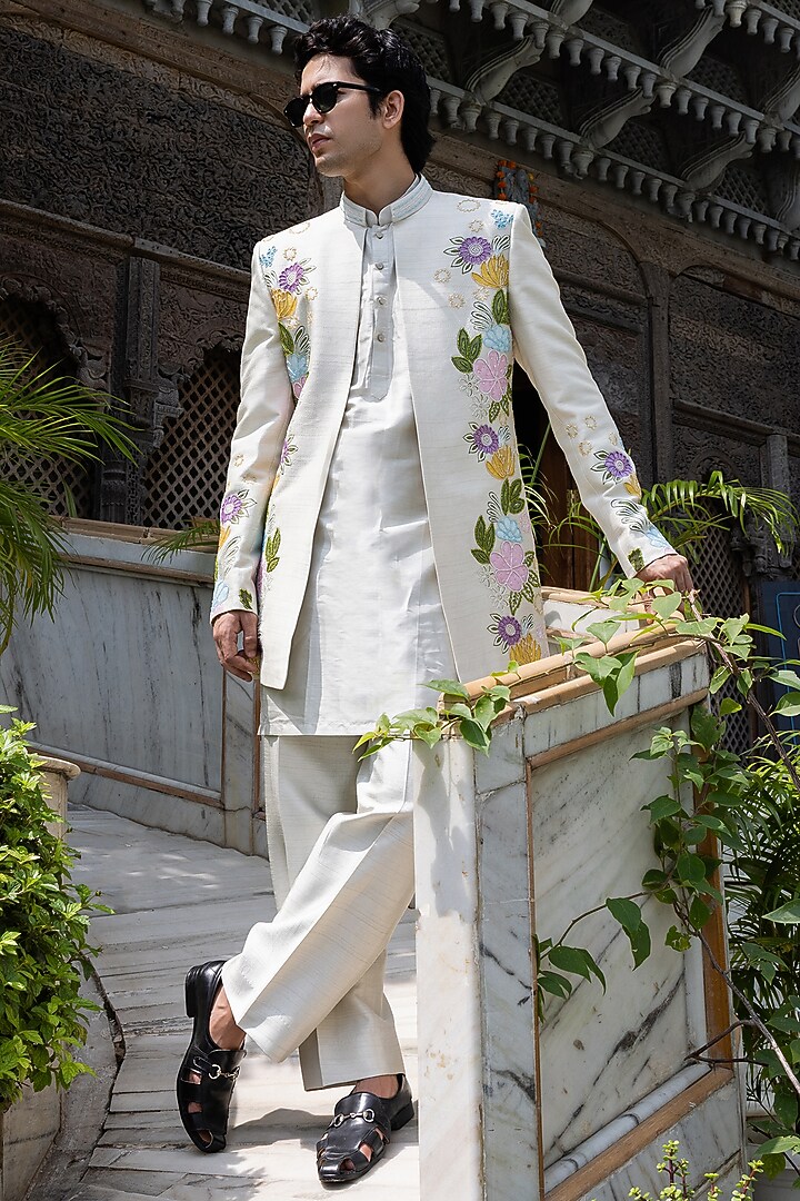 Mint Raw Silk Hand Embroidered Wedding Indowestern Set by STEEL at Pernia's Pop Up Shop