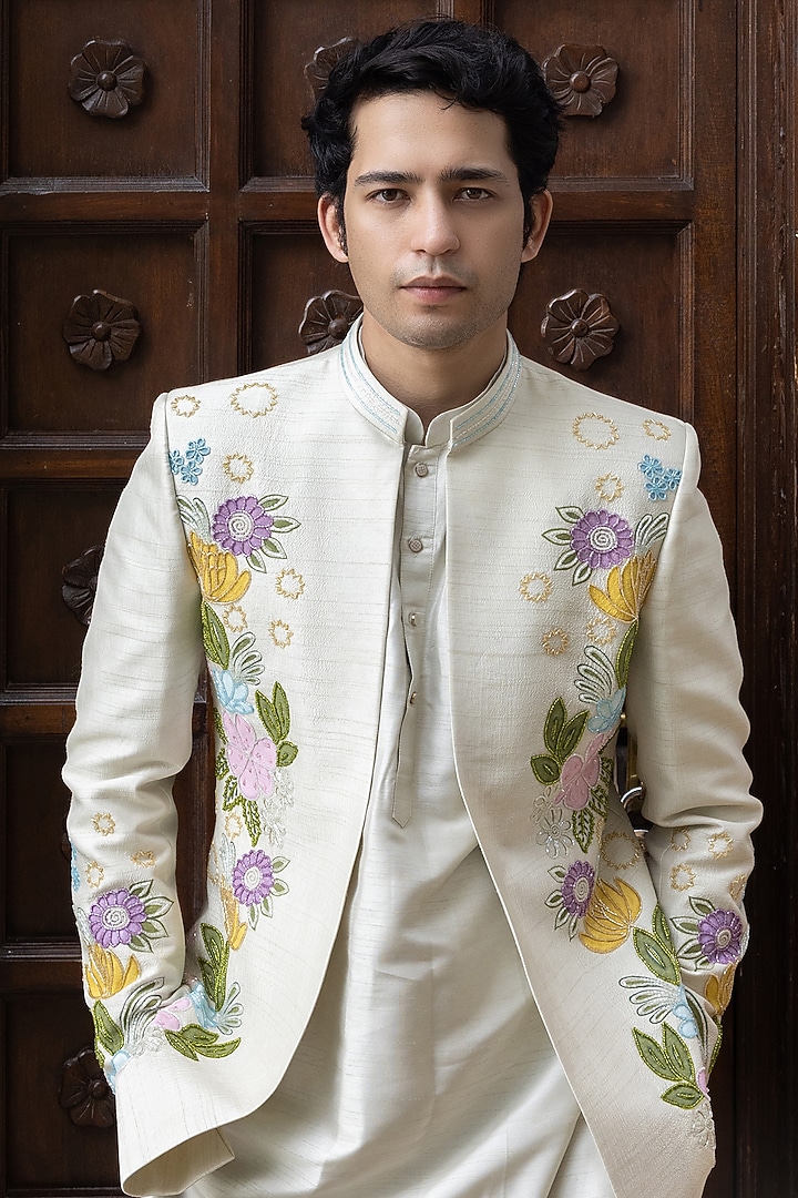 Mint Raw Silk Hand Embroidered Wedding Indowestern Set by STEEL at Pernia's Pop Up Shop
