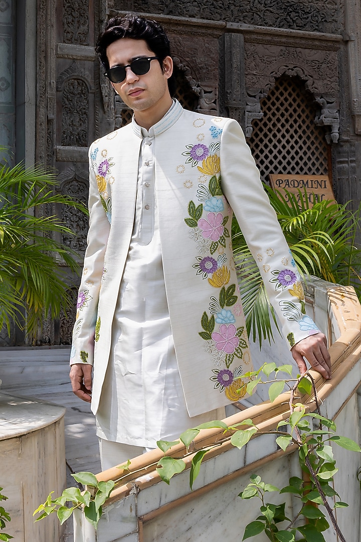 Mint Raw Silk Hand Embroidered Wedding Indowestern Set by STEEL at Pernia's Pop Up Shop
