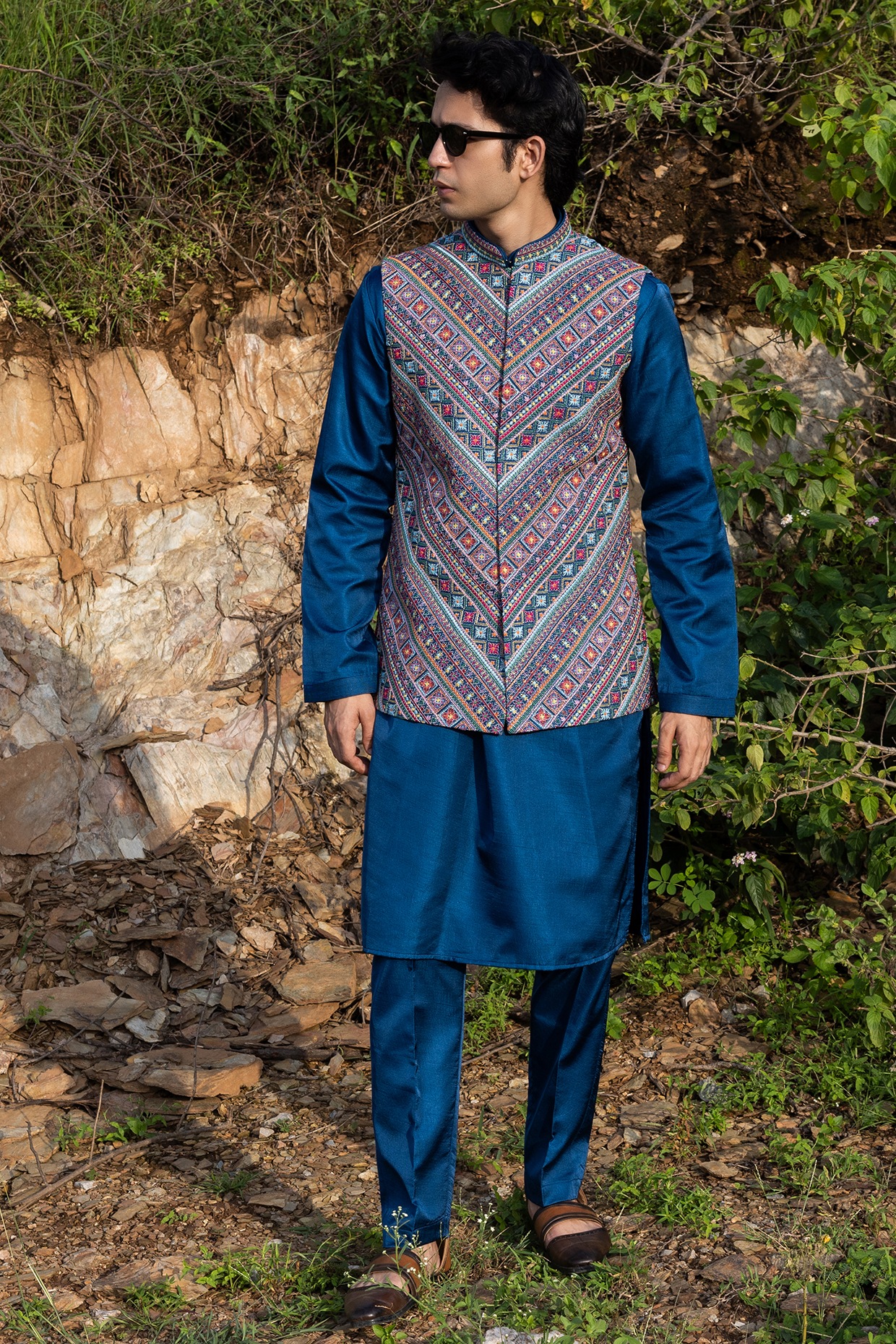 STEEL Blue Silk Machine Embroidered Bundi Jacket Set