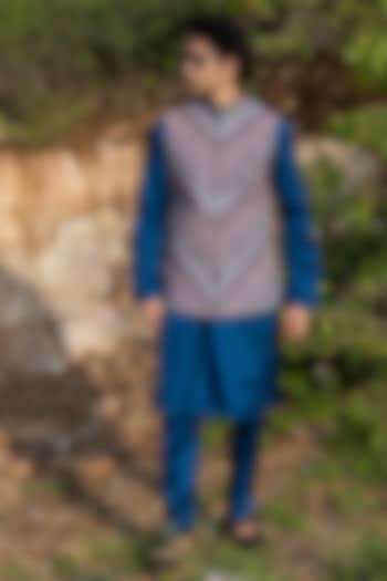 Blue Silk Machine Embroidered Bundi Jacket Set by STEEL at Pernia's Pop Up Shop