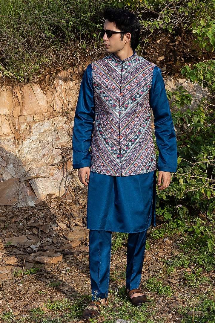 Blue Silk Machine Embroidered Bundi Jacket Set by STEEL at Pernia's Pop Up Shop
