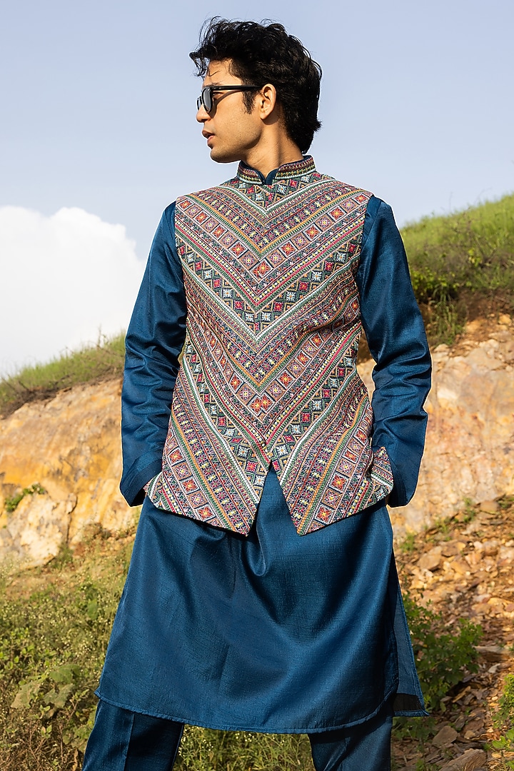 Blue Silk Machine Embroidered Bundi Jacket Set by STEEL at Pernia's Pop Up Shop