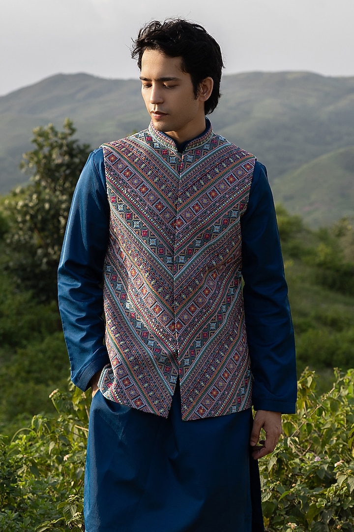 Blue Silk Machine Embroidered Bundi Jacket Set by STEEL at Pernia's Pop Up Shop