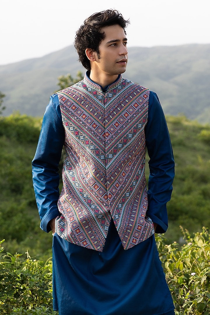 Blue Silk Machine Embroidered Bundi Jacket Set by STEEL at Pernia's Pop Up Shop