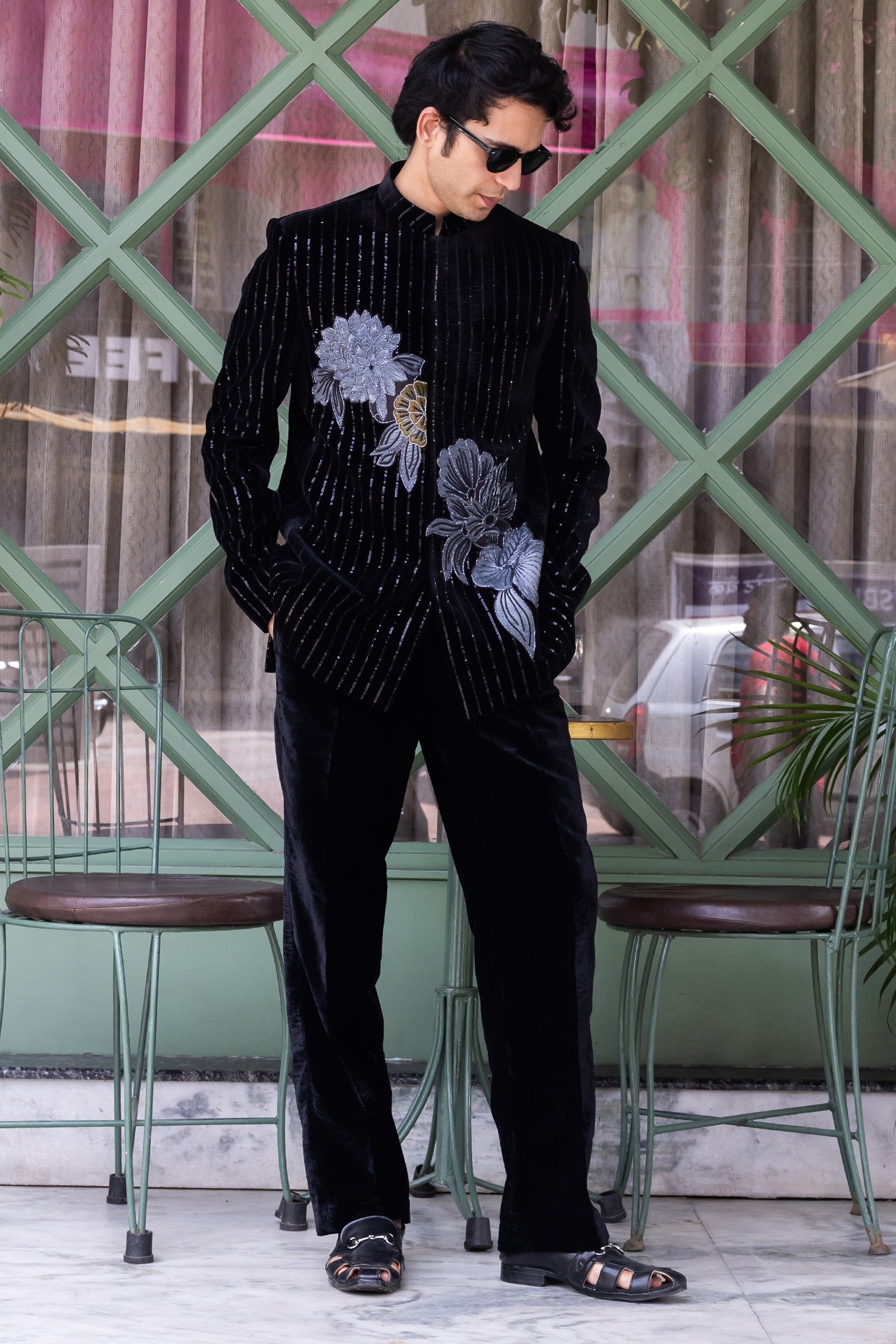 STEEL Black Velvet Hand Painted & Hand Embroidered Bandhgala Set