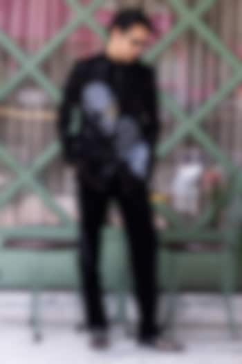 Black Velvet Hand Painted & Hand Embroidered Wedding Bandhgala Set by STEEL at Pernia's Pop Up Shop