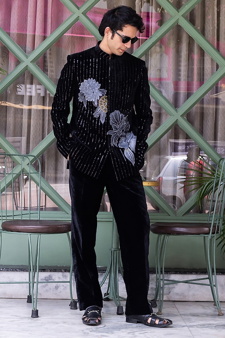 Black Velvet Hand Painted & Hand Embroidered Wedding Bandhgala Set by STEEL at Pernia's Pop Up Shop