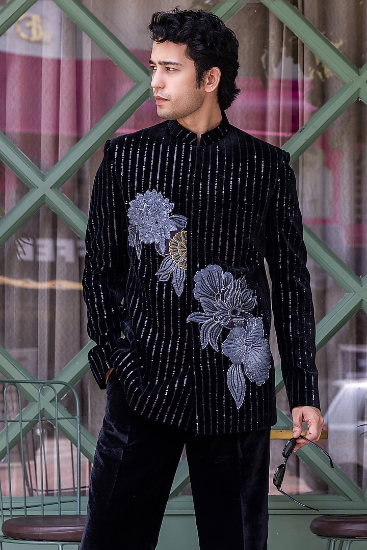 Black Velvet Hand Painted & Hand Embroidered Wedding Bandhgala Set by STEEL at Pernia's Pop Up Shop