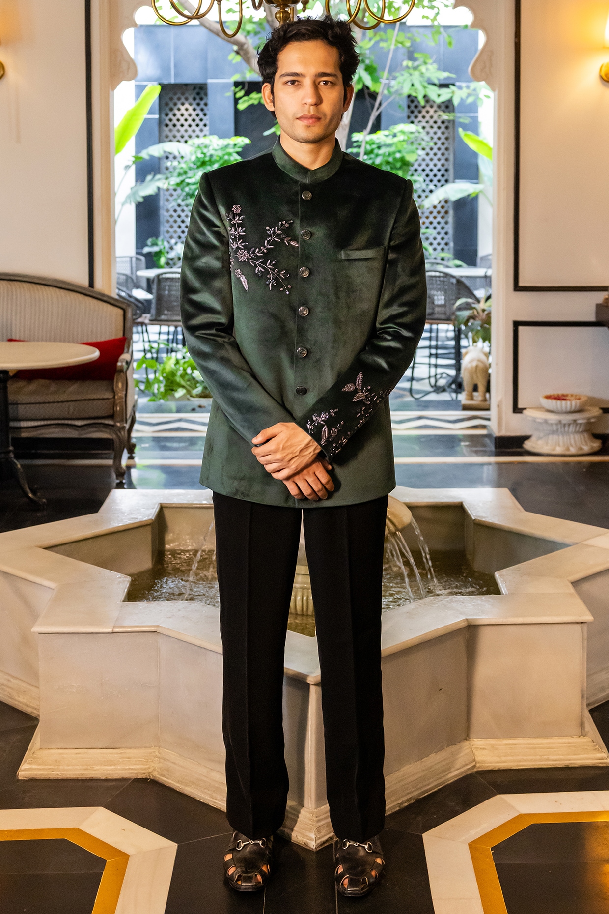 STEEL Green Velvet Hand Embroidered Bandhgala Set