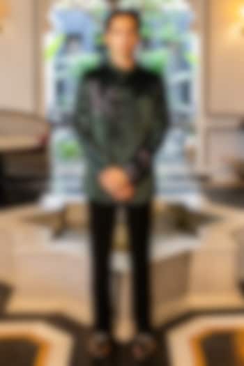 Green Velvet Hand Embroidered Bandhgala Set by STEEL at Pernia's Pop Up Shop