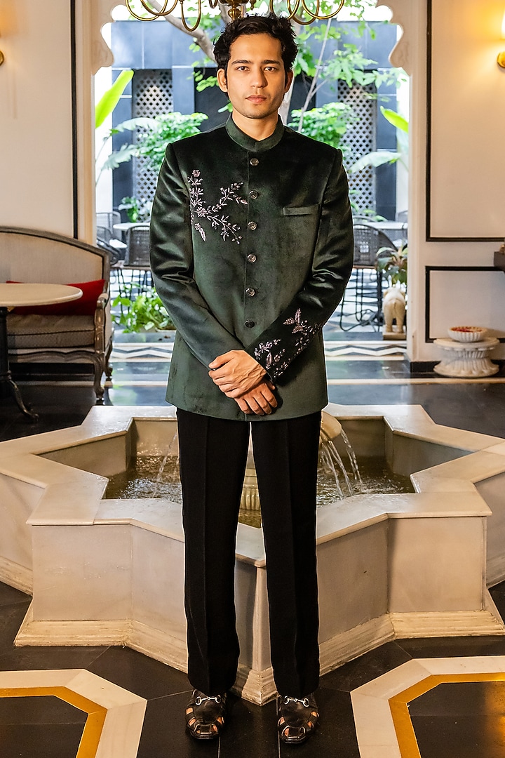 Green Velvet Hand Embroidered Bandhgala Set by STEEL at Pernia's Pop Up Shop