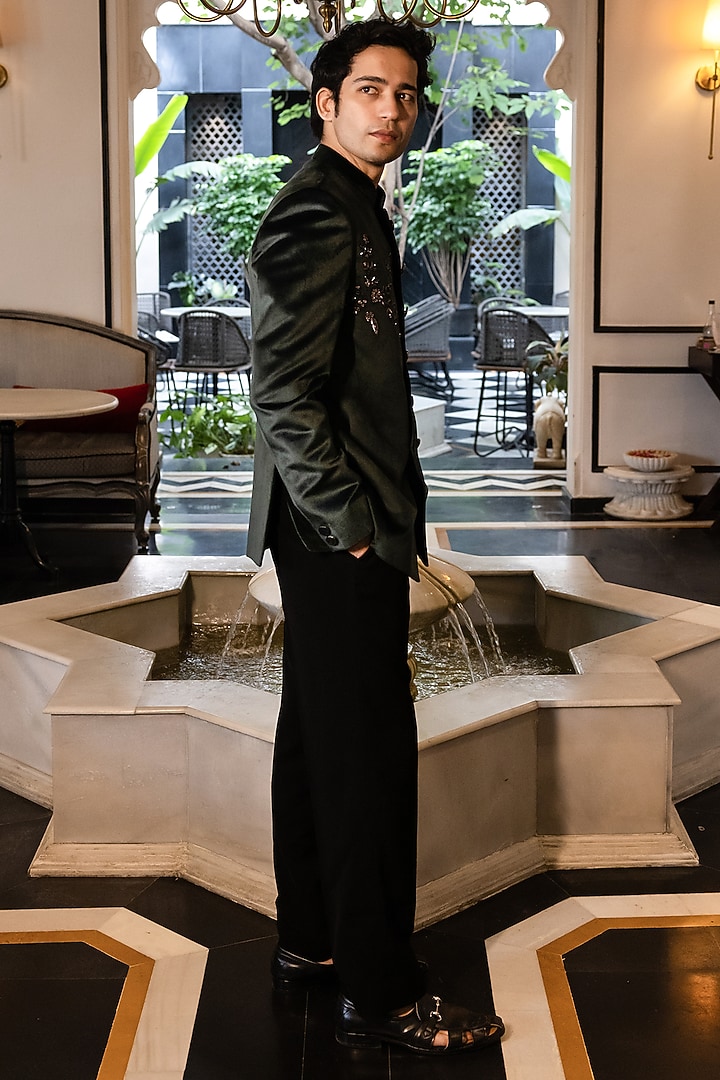 Green Velvet Hand Embroidered Bandhgala Set by STEEL at Pernia's Pop Up Shop