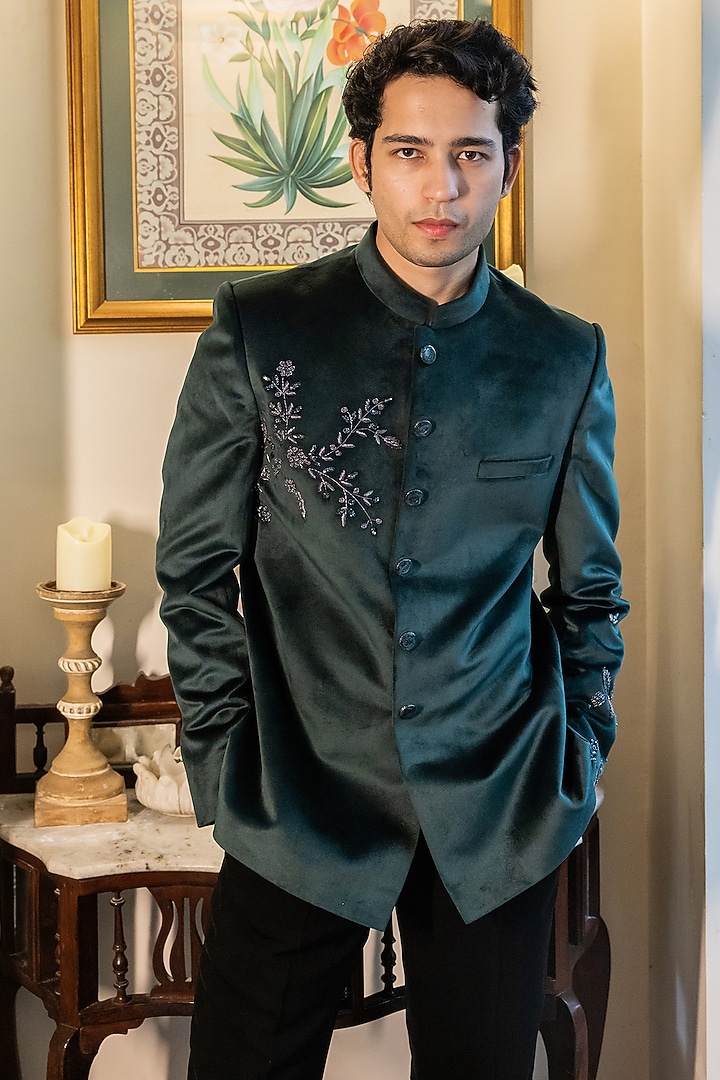 Green Velvet Hand Embroidered Bandhgala Set by STEEL at Pernia's Pop Up Shop